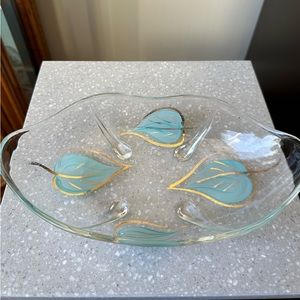 Vintage Anchor Hocking Hand Painted Blue and Gold Leaf Dish Rare Colour